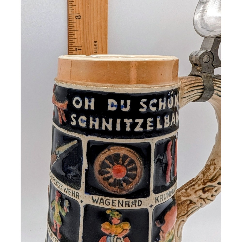 Vintage German Schnitzelbank Beer Stein Lidded Stoneware Mug Relief Folk Art - Picture 12 of 13